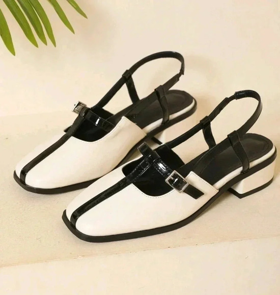 Black & White T-strap Buckle Design Open-toe Chunky Heel Square Toe Women's - Picture 2 of 6